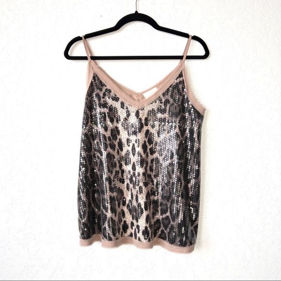 entro Tops - Entro Taupe Sequin Leopard Print Tank Top Size Medium
